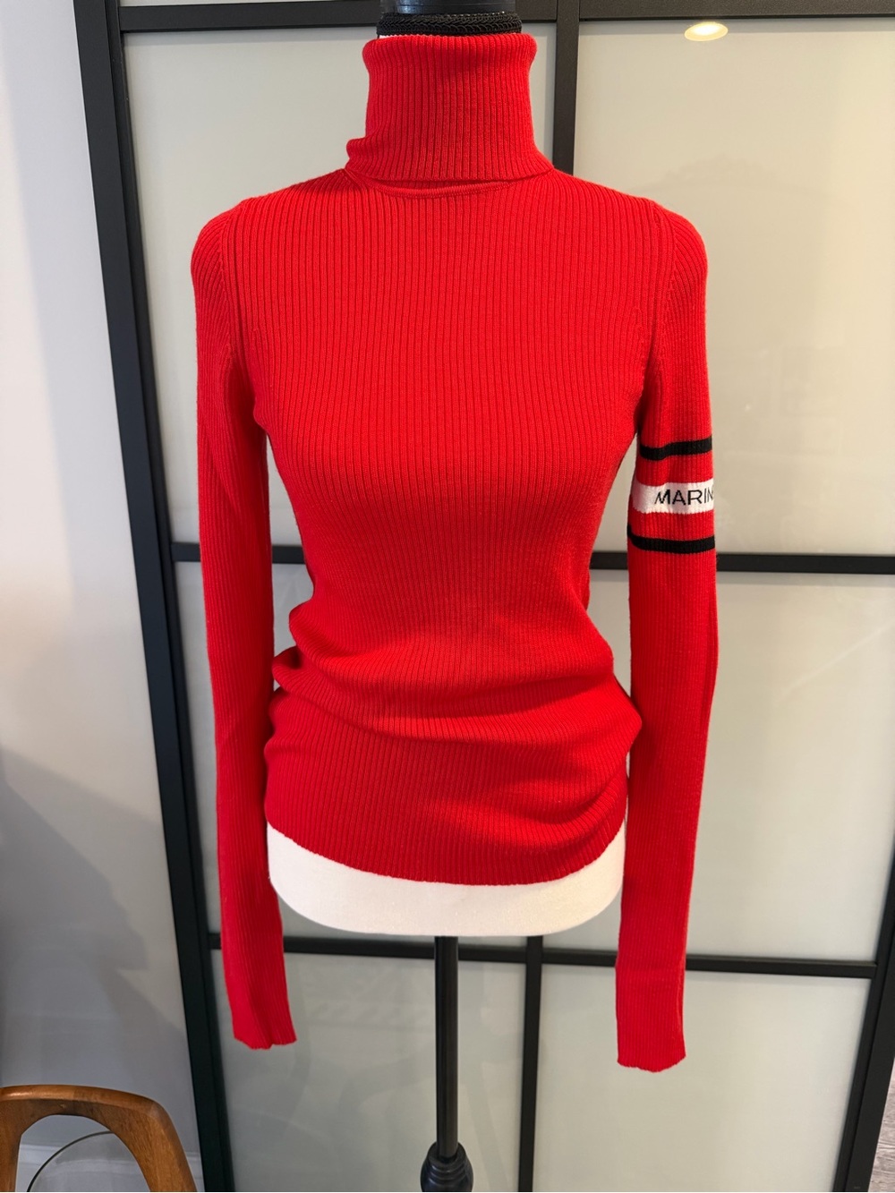 Marine Serre Red Ribbed Turtleneck Sweater with Sleeve Stripe